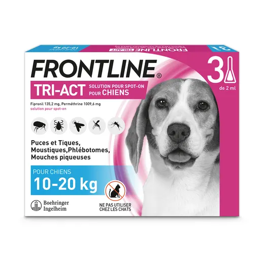 Boîte de pipettes Frontline Tri-Act pour chiens portant la mention Ne pas utiliser chez les chats