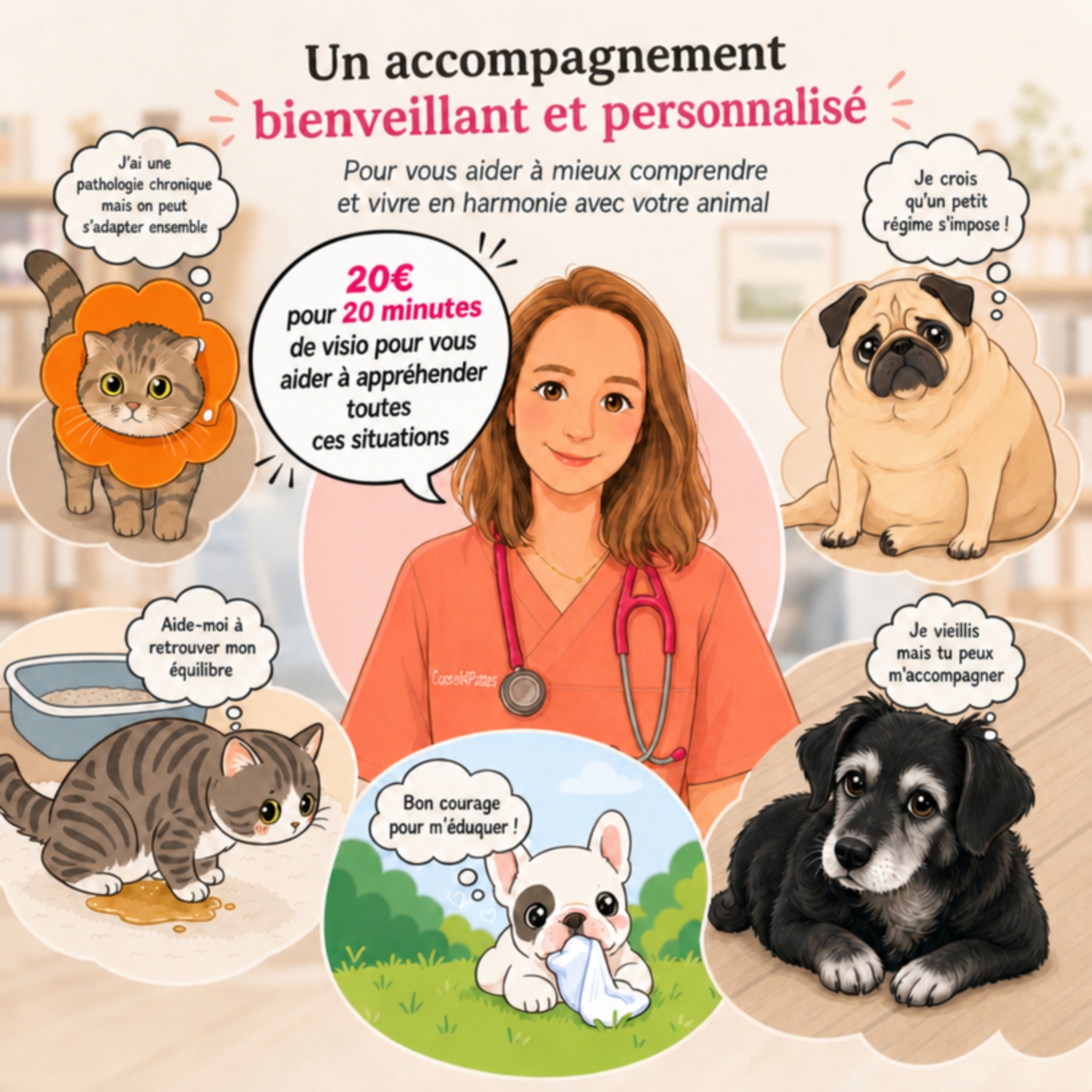 Un chien et un chat détendus auprès de leur propriétaire